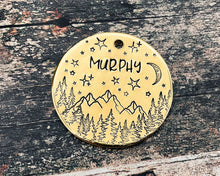 Load image into Gallery viewer, Large pet id tag, hand stamped with trees, mountains, moon &amp; stars
