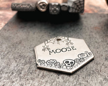 Load image into Gallery viewer, Hexagon dog tag, hand stamped with spooky Halloween design
