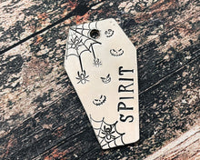 Load image into Gallery viewer, Coffin dog id tag with spooky spiderweb design, double-sided pet id tag with 2 phone numbers
