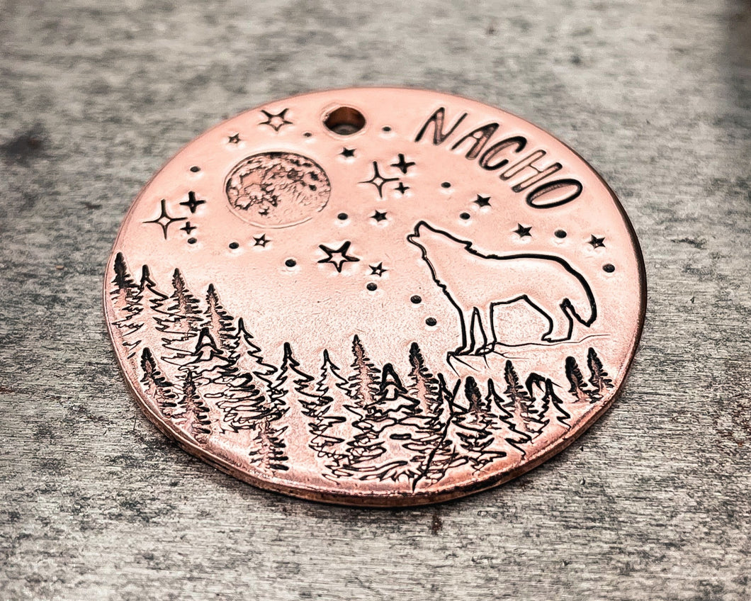 Wolf dog id tag with moon and stars, adventure pet id tag, double-sided pet tag with up to 2 phone numbers