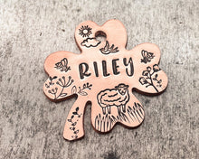 Load image into Gallery viewer, Shamrock pet name tag with sheep, hand-stamped double-sided dog tag with 2 phone numbers
