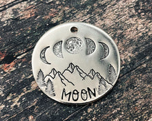 Load image into Gallery viewer, large pet id tag with moon, trees and mountains, double-sided with 2 phone numbers
