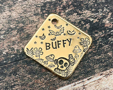 Load image into Gallery viewer, cute spooky dog id tag with skull and bats

