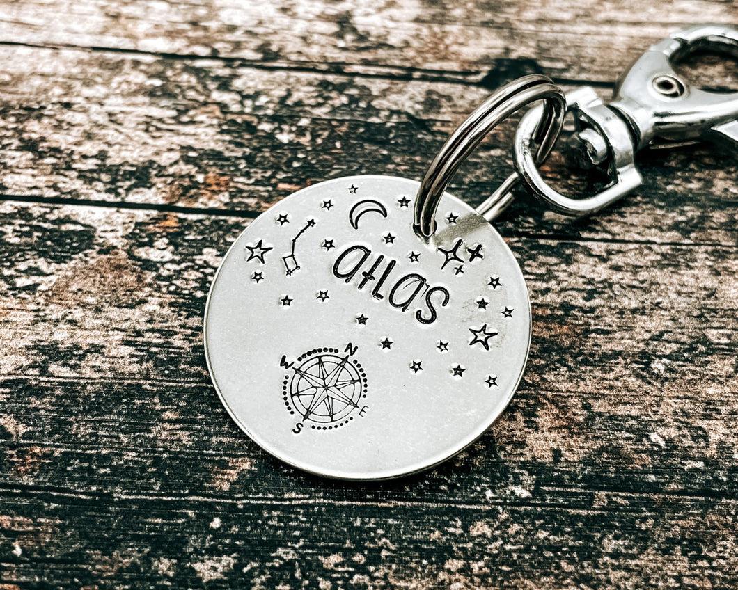 Metal dog id tag, hand stamped with compass & stars