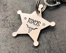 Load image into Gallery viewer, Sheriff Star dog tag, hand-stamped double-sided metal dog tag with longhorn
