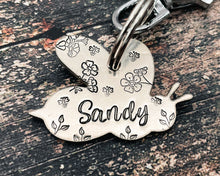 Load image into Gallery viewer, Bee dog id tag, bee shaped pet tag double-sided with phone number, hand stamped with flowers and bees

