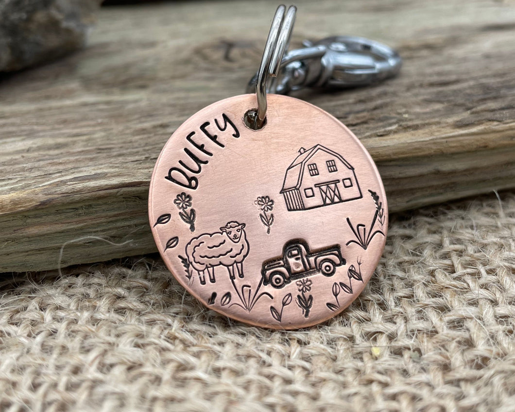 Dog id tag, hand stamped with sheep, pickup truck and barn shed