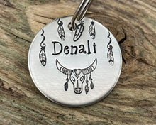 Load image into Gallery viewer, Boho dog tag, hand stamped with longhorn and feathers

