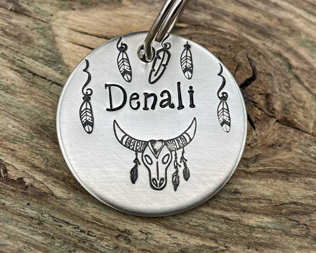 Boho dog tag, hand stamped with longhorn and feathers