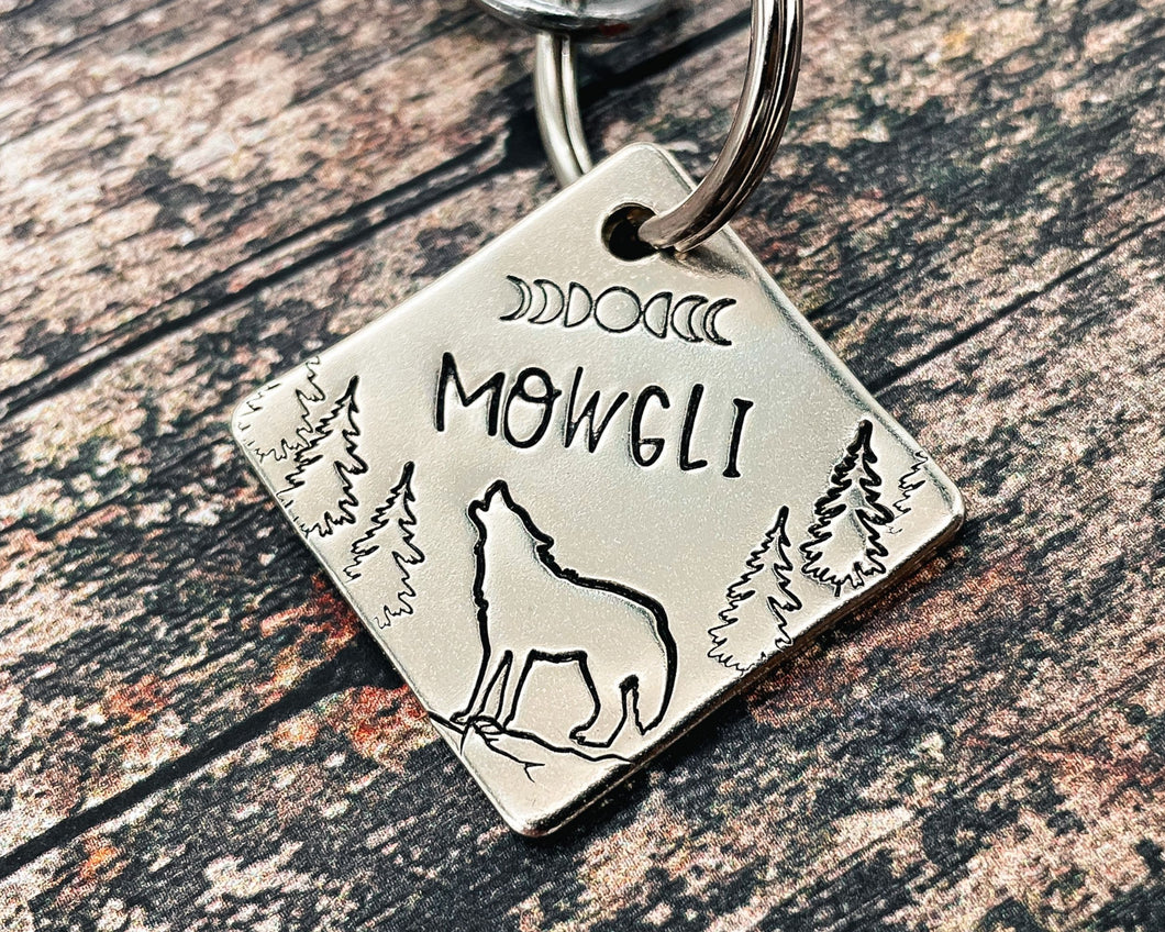 Square dog id tag, small pet tag hand stamped with howling wolf and trees