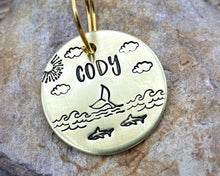 Load image into Gallery viewer, Dog id tag, hand stamped with ocean design, whale &amp; sharks
