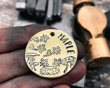Load image into Gallery viewer, handmade pet id tag with maple leaves and mushrooms
