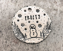 Load image into Gallery viewer, Christmas dog tag, hand stamped pet id tag with cute Snowman design, double-sided pet id tag with 2 phone numbers
