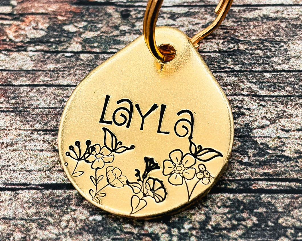 Flower dog tag, tear drop small pet id tag with flower design, 2 phone numbers