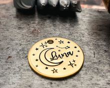 Load image into Gallery viewer, hand-stamped pet id tag with moon and stars
