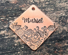 Load image into Gallery viewer, sugar skull dog tag with flower design
