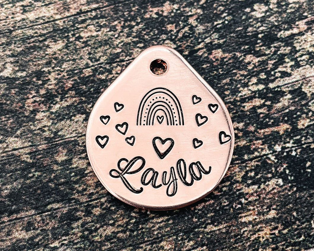 Cute small dog tag, tear drop pet id tag with heart and rainbow design, double-sided dog tag with 2 phone numbers