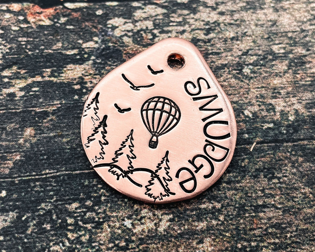 Cute small dog tag, tear drop pet id tag with hot air balloon and tree design, 2 phone numbers