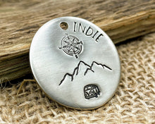 Load image into Gallery viewer, Large dog id tag, hand stamped with compass and mountains
