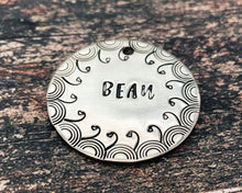 Load image into Gallery viewer, Large dog tag, hand stamped with border design
