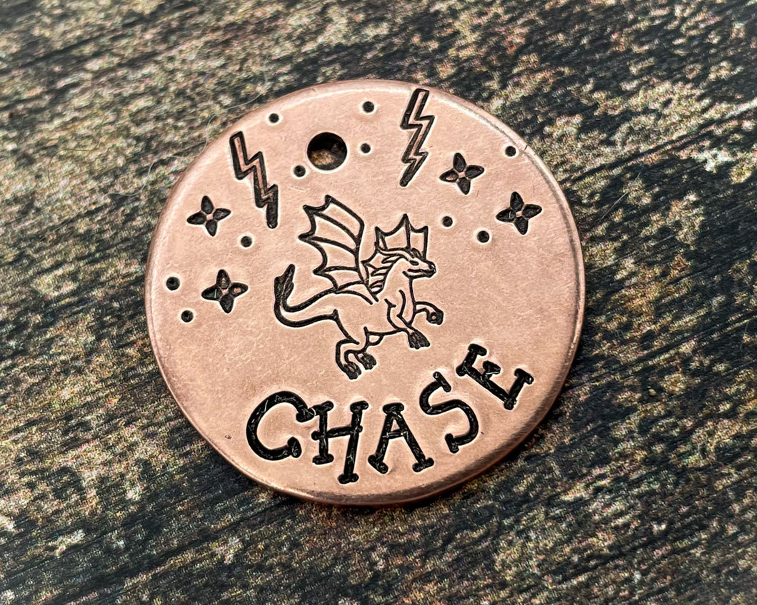 Small dog id tag, hand-stamped with dragon & stars