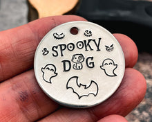 Load image into Gallery viewer, hand hammmered dog id tag with spooky dog design
