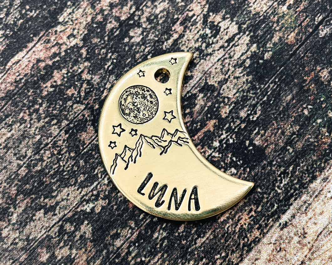 Moon dog tag, hand-stamped with mountains, moon & stars