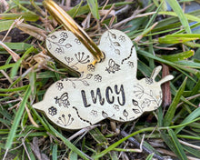 Load image into Gallery viewer, Bee dog id tag, bee shaped pet tag, hand stamped with flowers
