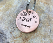Load image into Gallery viewer, Small dog id tag, hand stamped with crown and stars
