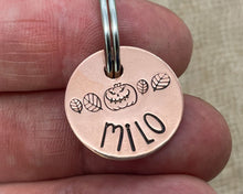 Load image into Gallery viewer, Halloween cat name tag, hand stamped spooky pumpkin and leaves
