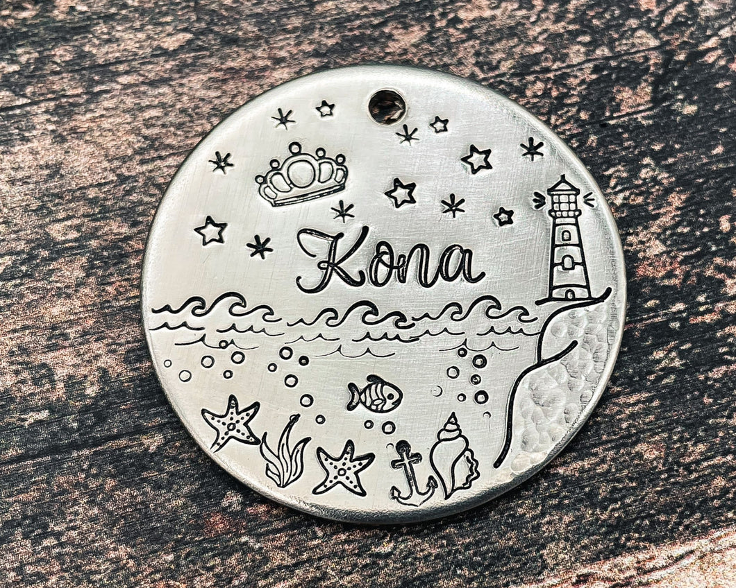 large ocean dog id tag with lighthouse