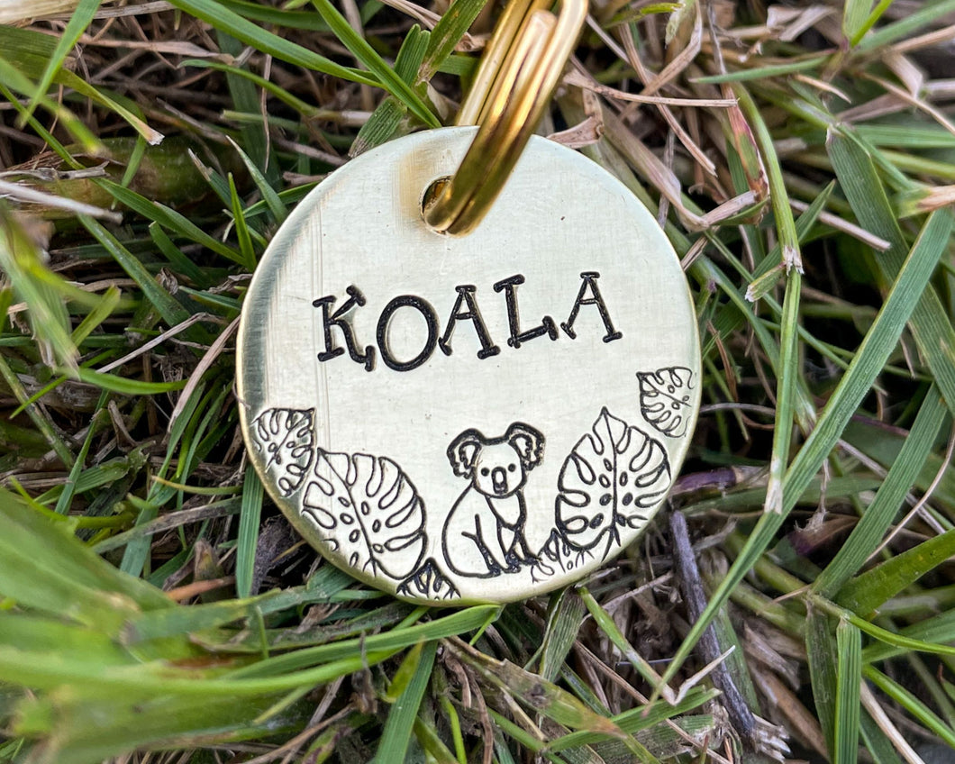Small dog id tag, hand stamped with koala bear design