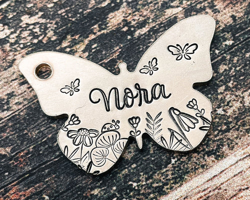 butterfly dog tag with flowers
