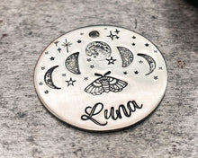 Load image into Gallery viewer, durable metal dog id tag hand-stamped with moon phase and star design
