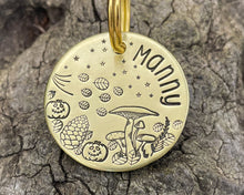 Load image into Gallery viewer, Hand stamped dog id tag with mushrooms and spooky pumpkins
