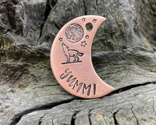 Load image into Gallery viewer, Moon dog tag, hand-stamped with howling wolf &amp; moon
