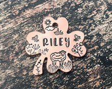 Load image into Gallery viewer, Shamrock pet name tag with sheep, hand-stamped double-sided dog tag with 2 phone numbers
