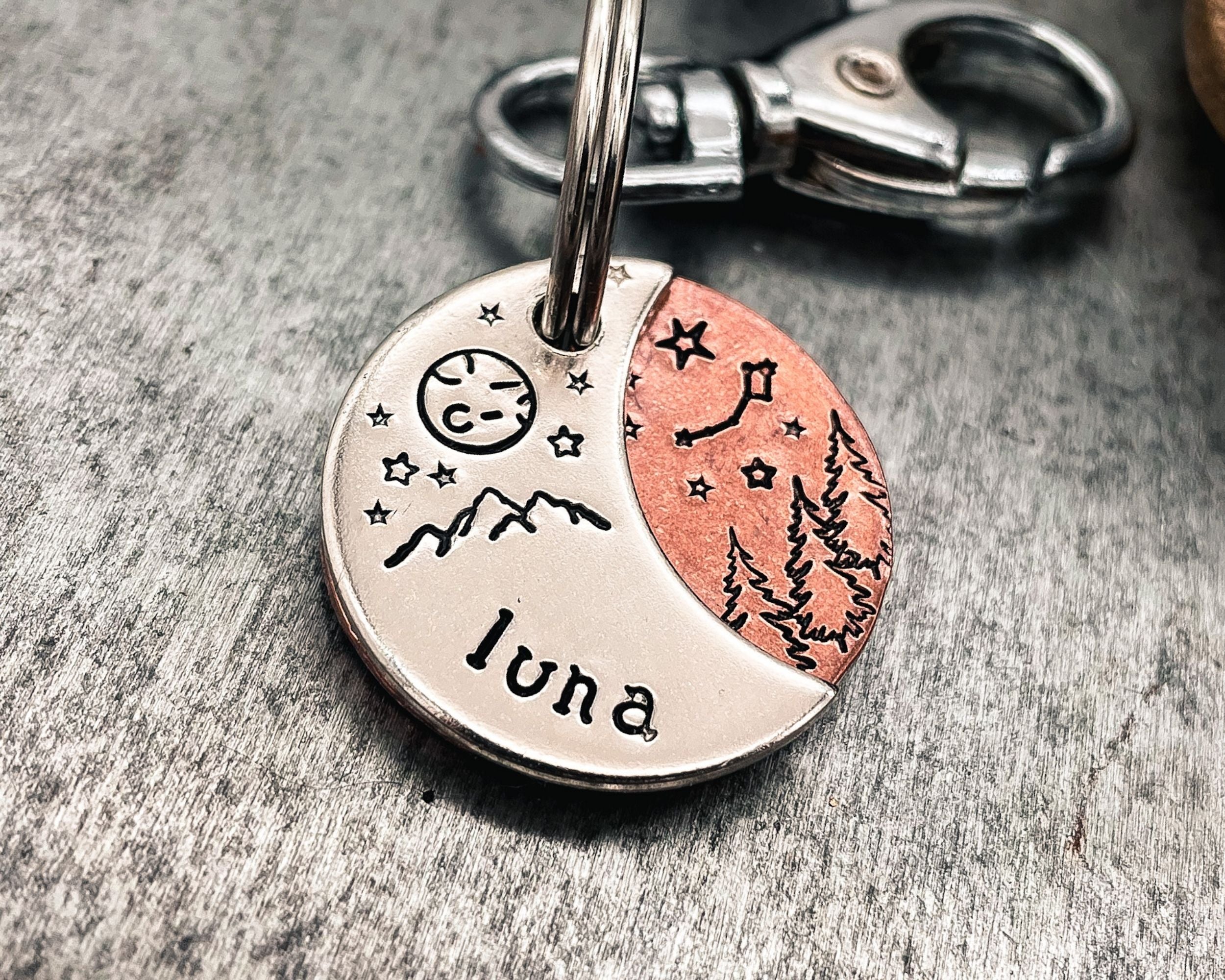 Small moon dog tag, crescent moon on top of round disc with mountains ...