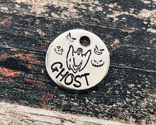 Load image into Gallery viewer, Personalized Halloween cat name  tag, hand stamped cat tag with spooky ghost design, 1 phone number
