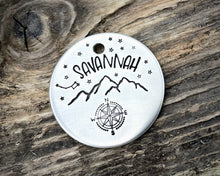Load image into Gallery viewer, Dog id tag, hand stamped with compass, mountains &amp; star design
