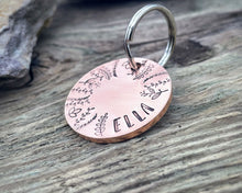 Load image into Gallery viewer, Small pet id tag, hand stamped with leaf border design
