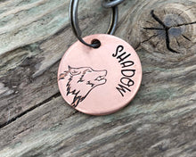 Load image into Gallery viewer, Small dog id tag, hand stamped with wolf head
