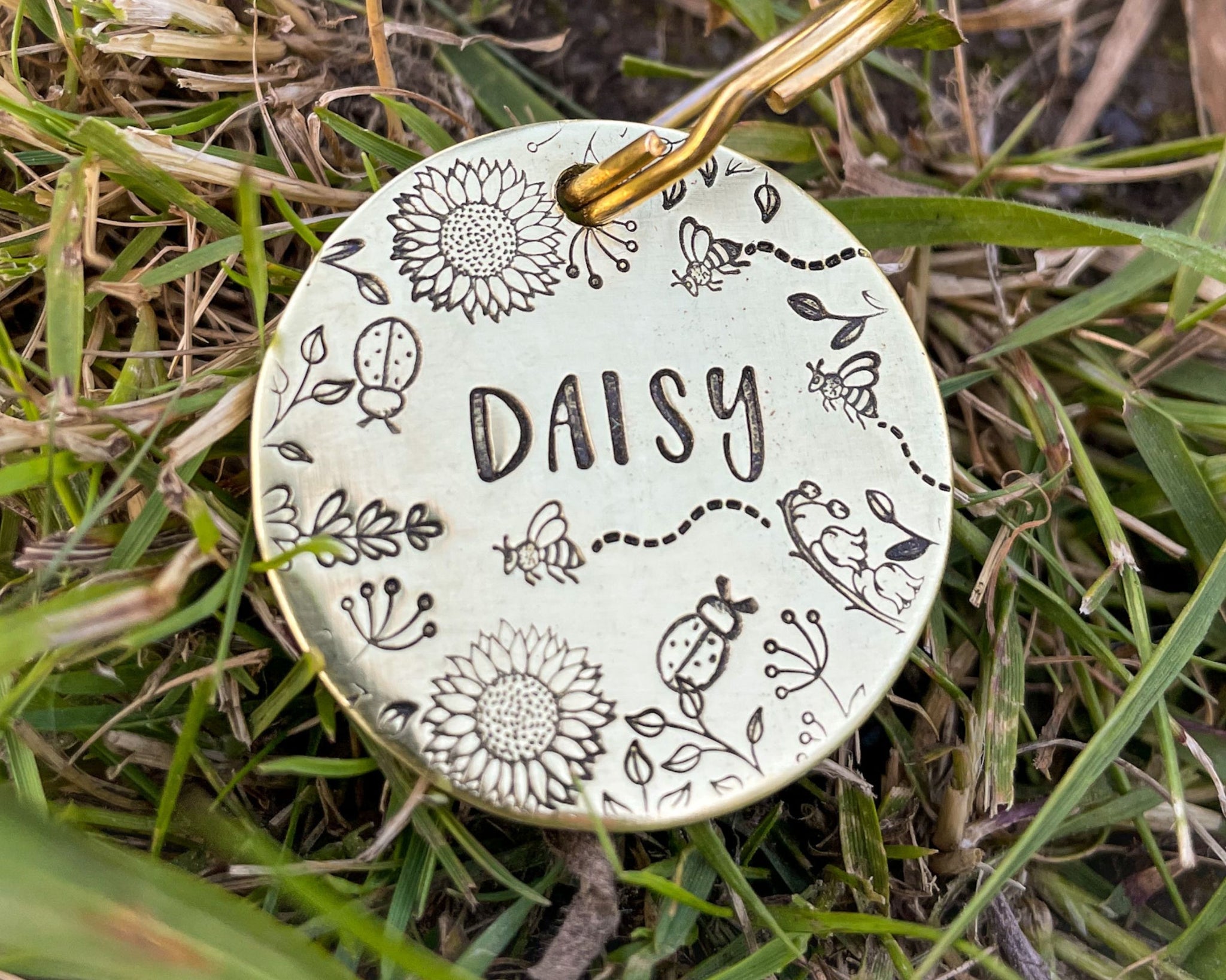 Flower dog tag, hand stamped pet id tag with cute flower and bee