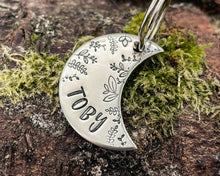 Load image into Gallery viewer, Moon dog tag, hand-stamped with leaf border
