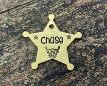 Load image into Gallery viewer, Sheriff star dog tag, hand-stamped double-sided metal dog tag with Highland cow
