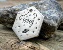 Load image into Gallery viewer, Hexagon dog tag, hand stamped with galaxy design, saturn, moon &amp; stars
