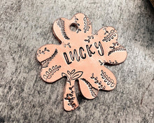Load image into Gallery viewer, Shamrock pet name tag, hand stamped dog tag with leaf design
