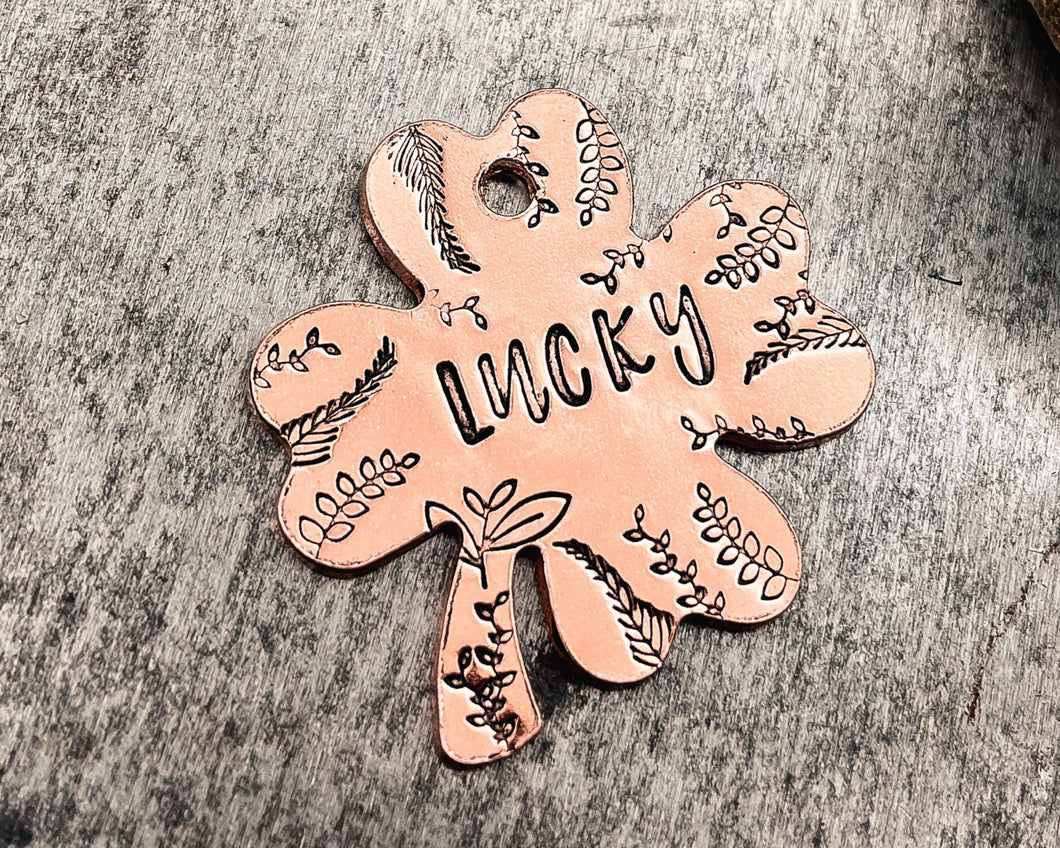 Shamrock pet name tag, hand stamped dog tag with leaf design