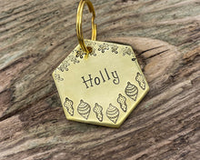 Load image into Gallery viewer, Christmas hexagon dog tag, hand stamped with holly and Christmas baubles
