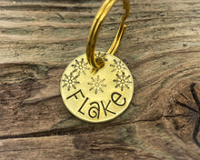 Load image into Gallery viewer, Christmas cat tag, hand stamped with snowflakes
